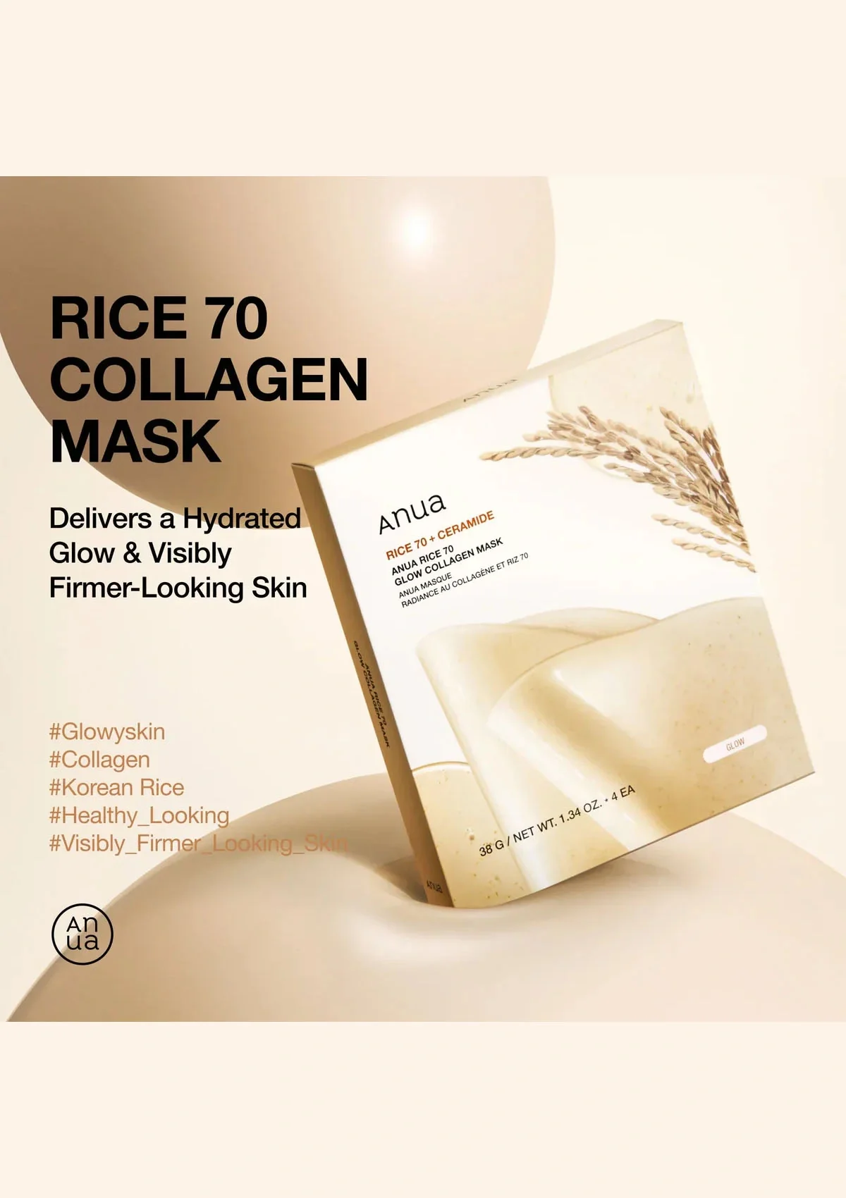 [ANUA] Rice 70 Glow Collagen Mask (1 Box = 38g x 4 Sheets) - Image 3