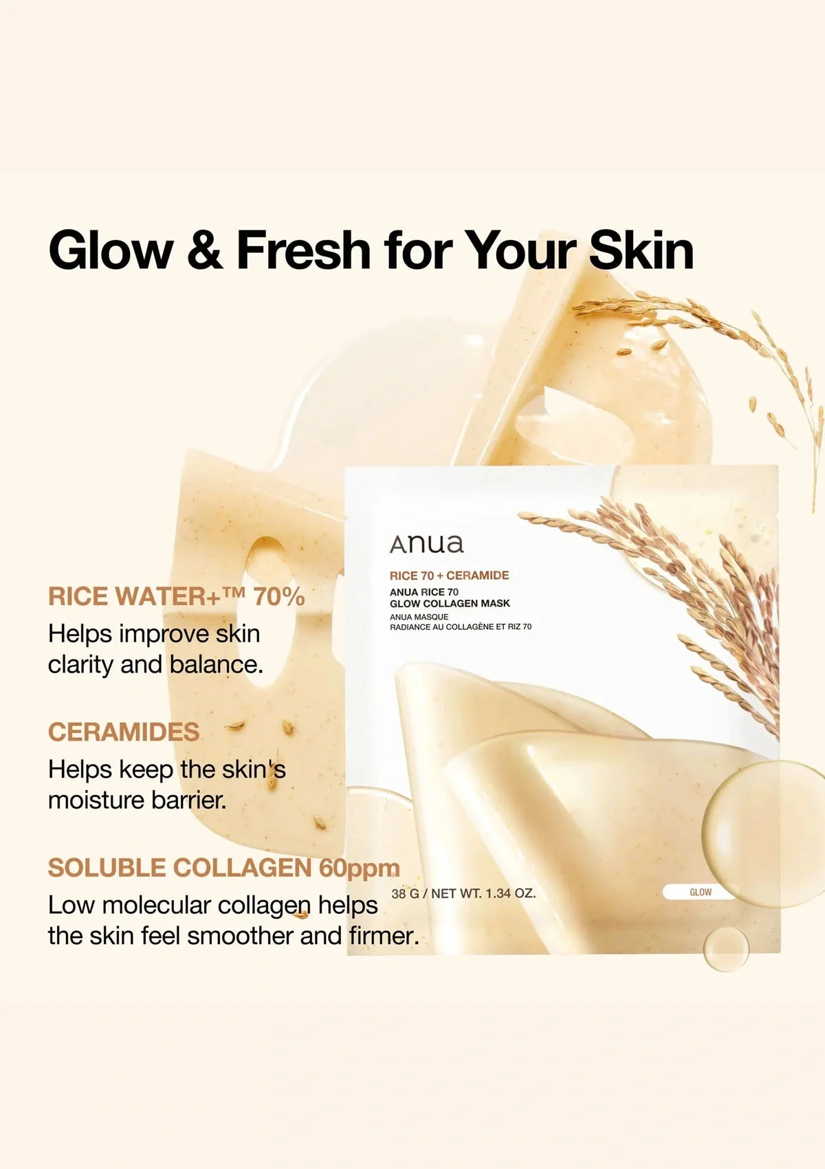 [ANUA] Rice 70 Glow Collagen Mask (1 Box = 38g x 4 Sheets) - Image 4