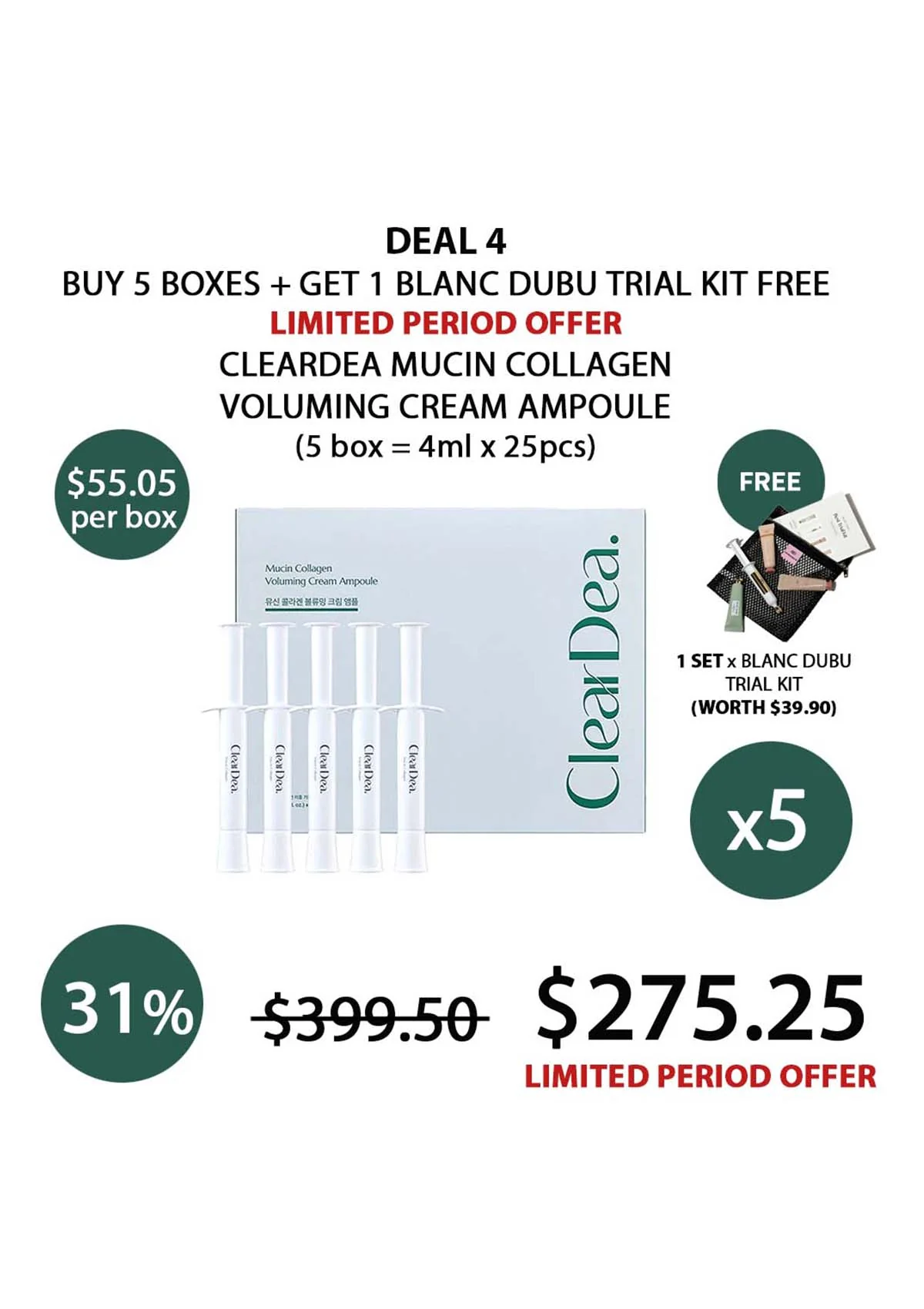[CLEARDEA] Mucin Collagen Voluming Cream Ampoule (1 Box = 4ml x 5pcs) - Image 8